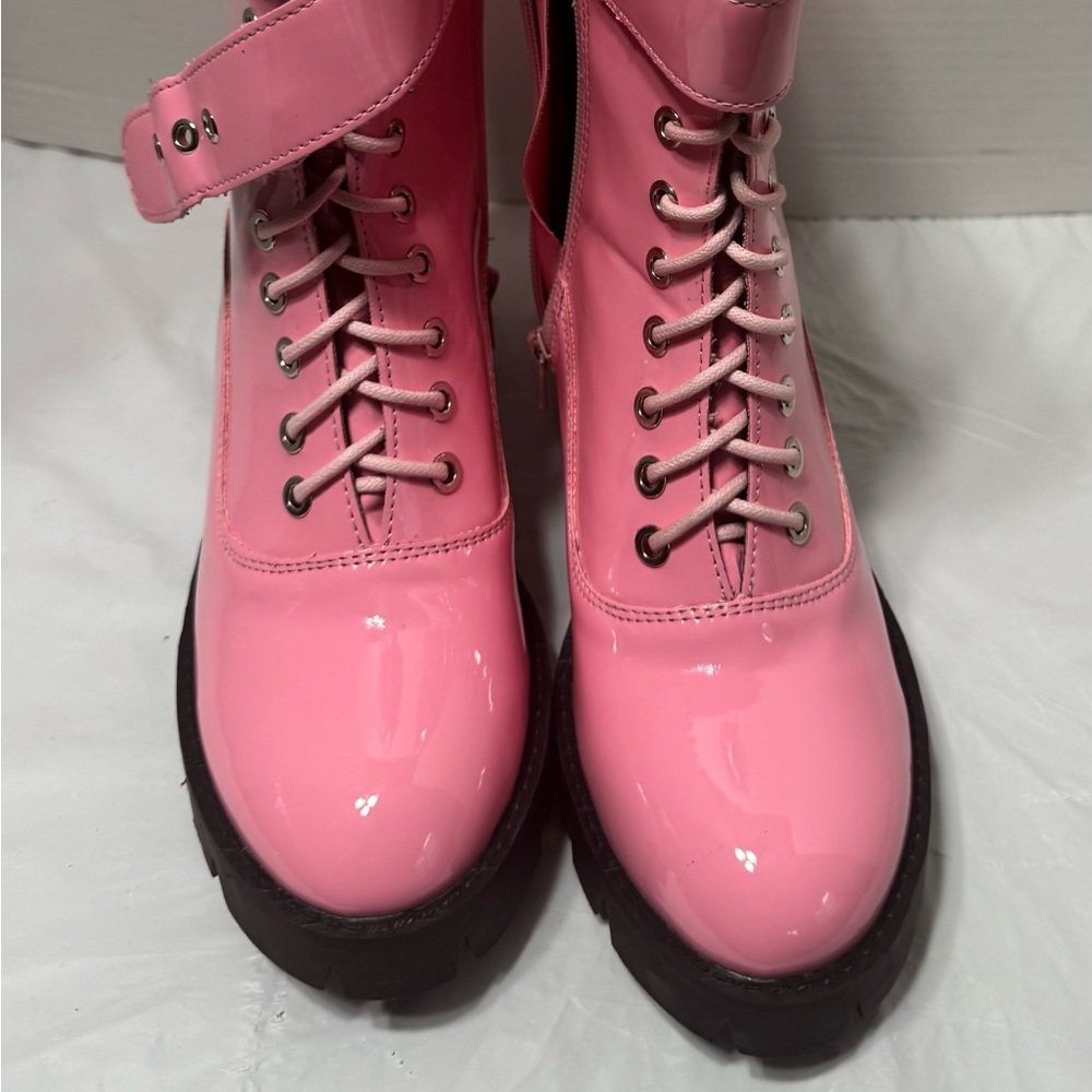 Women’s Pink Lace-Up Patent Combat Boots